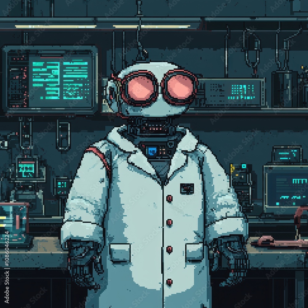 Poster futuristic scientist in space suit standing in a high-tech laboratory surrounded by advanced equipme