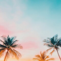 A serene tropical sunset with palm trees framing a pastel sky