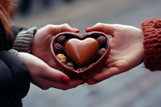 A close-up of two hands exchanging a heart-shaped box of chocolates, romantic and cozy atmosphere.