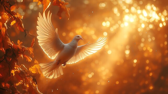 sanctification through the Holy Spirit, and, God's grace and love, with a serene dove, light-filled figure, and a warm, radiant aura