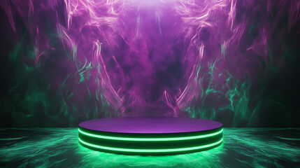Vibrant neon circle  with dramatic lighting, creating a futuristic and mystical atmosphere.