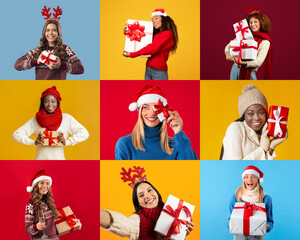 A cheerful group of women in holiday attire joyfully poses with wrapped gifts against colorful...