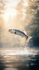 Fototapeta premium A fish leaping above the water surface in a serene natural setting during twilight hours