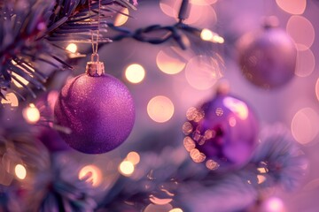 Purple christmas ornaments with soft bokeh lights