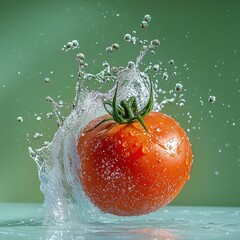 Fresh Red Tomato Splashing in Water with Bubbles, Capturing the Essence of Freshness and Health in a Vibrant Green Background