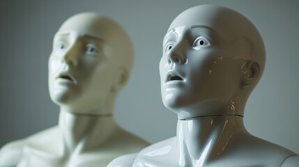 Medical training mannequin showcasing realistic human facial and upper body features, positioned on a flat surface for educational and healthcare training purposes, minimalistic background.