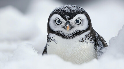 Naklejka premium A charming penguin with an owl's face enjoys a snowy landscape, captivating all with its unique features in a winter wonderland