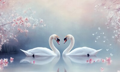 Graceful swans swimming peacefully together in a tranquil pond surrounded by soft flowers