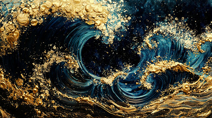 Abstract cosmic scene with gold and deep blue waves, intricate textures, celestial mood