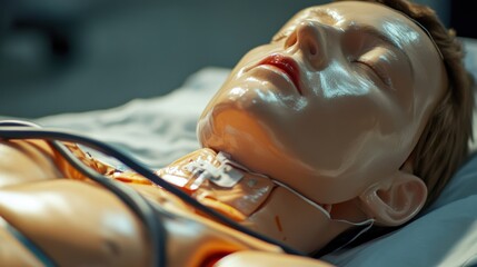 Medical training mannequin showcasing realistic human facial and upper body features, positioned on a flat surface for educational and healthcare training purposes, minimalistic background.