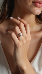 Woman wearing diamond ring on hand against soft light