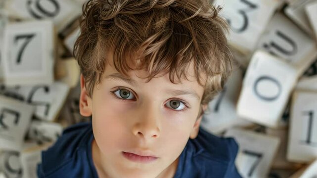Little boy sadly looking up, many numbers around. Child has difficulties learning math, doing homework. Education, learning disability, dyslexia, dyscalculia, back to school, neurodiversity concept