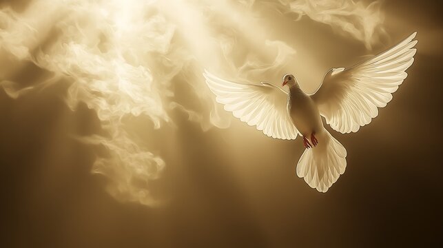sanctification through the Holy Spirit, and, God's grace and love, with a serene dove, light-filled figure, and a warm, radiant aura