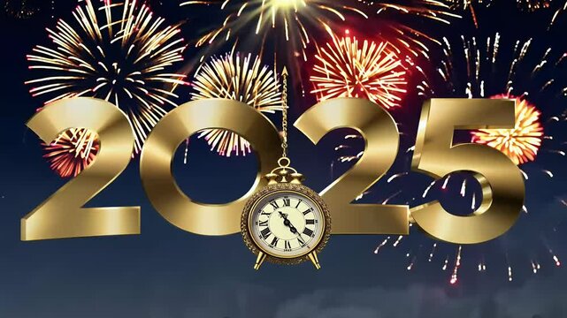 vibrant New Year 2025 banner featuring almost midnight clock fireworks capturing magical countdown moments start time watch hours alarm minute business christmas gold illustration
