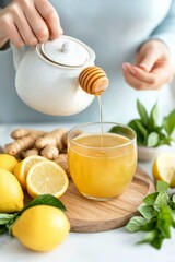 Someone is pouring warm tea from a white teapot into a speckled cup placed on a wooden board