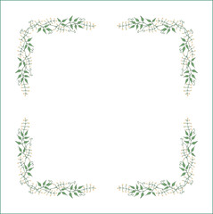Elegant green vegetal ornamental frame with leaves and flowers, decorative border, corners for greeting cards. Isolated vector illustration