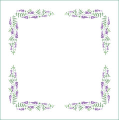 Elegant green vegetal ornamental frame with leaves and glycine flowers, decorative border, corners for greeting cards. Isolated vector illustration