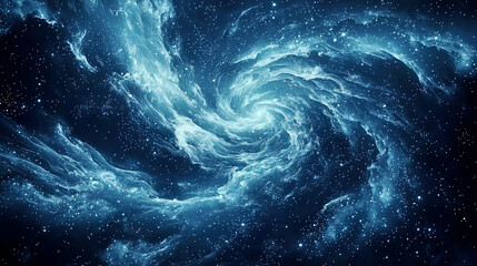 Abstract ocean of stars with swirling blue waves, cosmic fluid motion, ethereal atmosphere