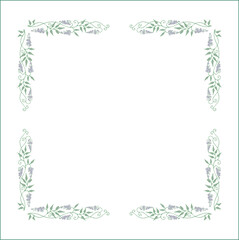 Elegant green vegetal ornamental frame with leaves and glycine flowers, decorative border, corners for greeting cards. Isolated vector illustration