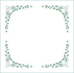 Elegant green vegetal ornamental frame with leaves, decorative border, corners for greeting cards. Isolated vector illustration