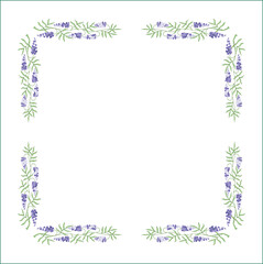 Obraz premium Elegant green vegetal ornamental frame with leaves and glycine flowers, decorative border, corners for greeting cards. Isolated vector illustration