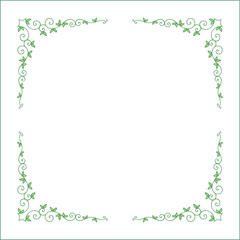 Elegant green vegetal ornamental frame with leaves, decorative border, corners for greeting cards. Isolated vector illustration