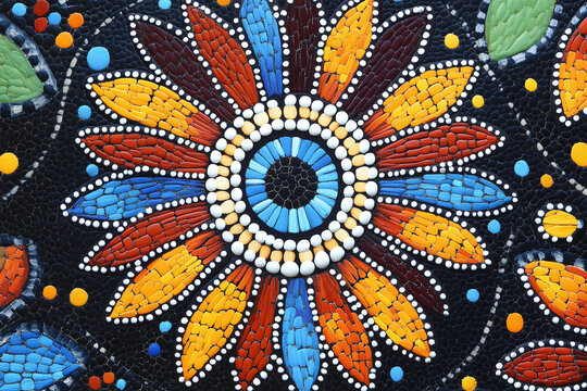 Aboriginal dot painting patterns with dreamtime story elements.