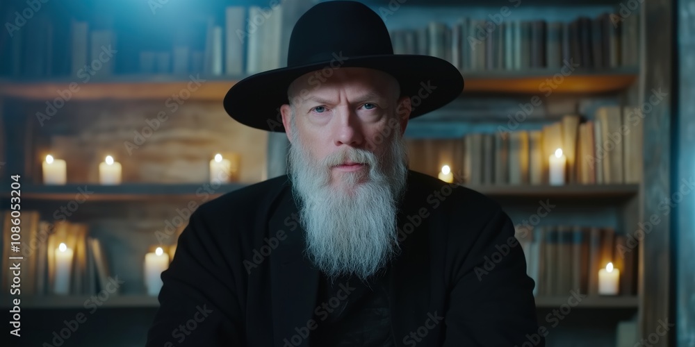 Poster a man with a beard and a black hat is sitting in front of a shelf of books. he is looking at the cam