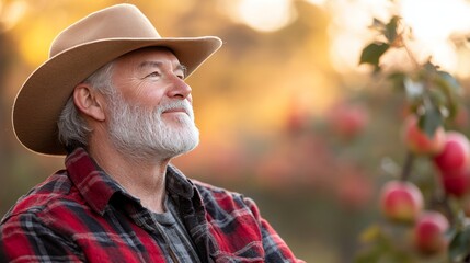 Obraz premium Golden Hour Dreams Contemplative Senior Farmer Reflects in the Warm Light of Sunset at his Orchard
