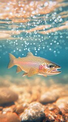 Rainbow trout swimming gracefully in clear water with sunlight sparkling on the surface