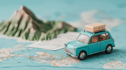 Car Travel Concept with Toy Car on Map Background, Copy Space, Pastel Colors