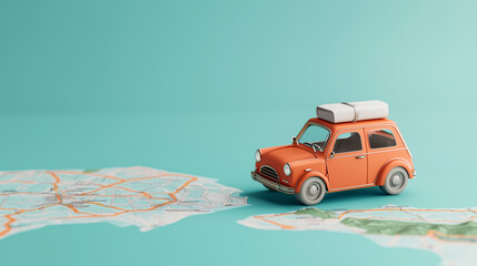 Car Travel Concept with Toy Car on Map Background, Copy Space, Pastel Colors