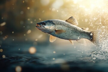 Fototapeta premium A fish leaps out of the water during sunset in a serene river setting