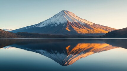 Fototapeta premium Volcanic mountain in morning light reflected in calm waters of lake