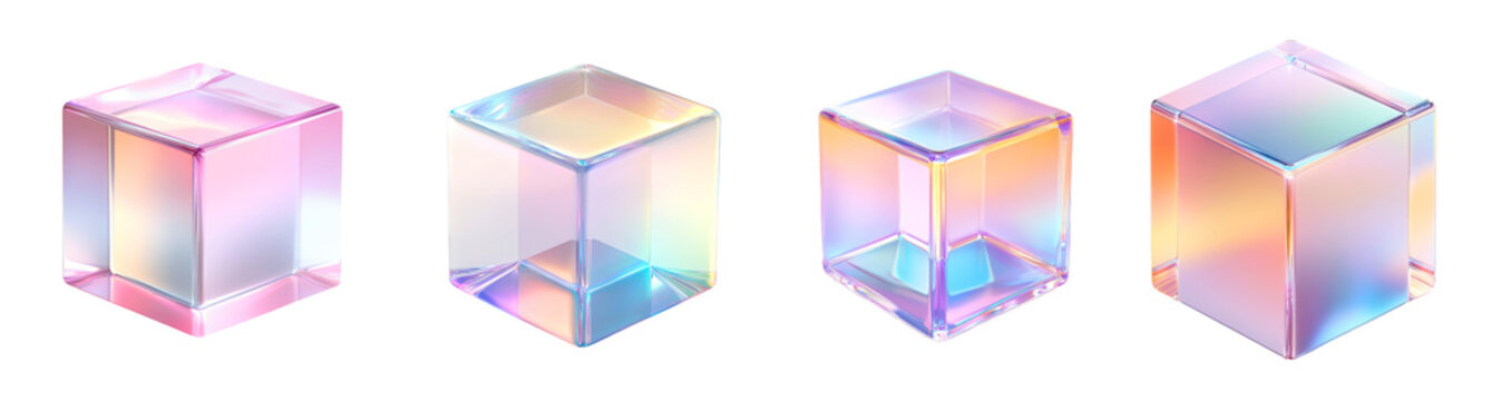Fototapeta 3d crystal glass ui cubes with refraction and holographic collection isolated on transparent background, PNG. Clipart template 