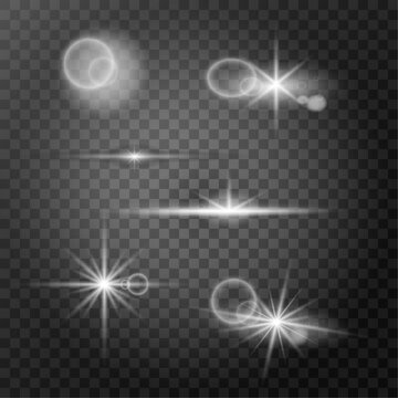Silver white flares set. Isolated on transparent background.