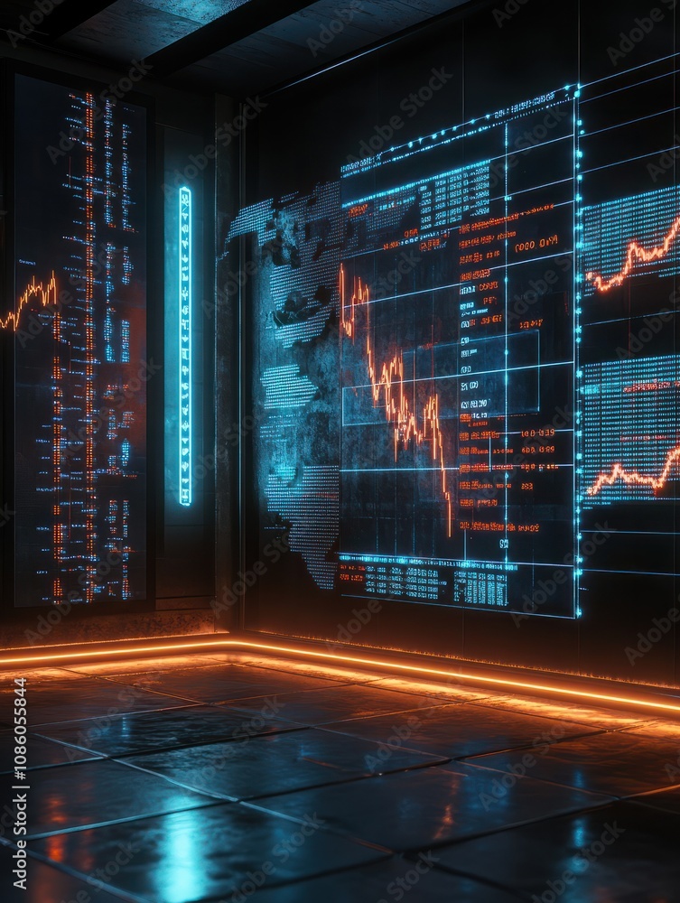 Poster trading market concept with financial graphs, glowing lines and diagram on digital screen at world m