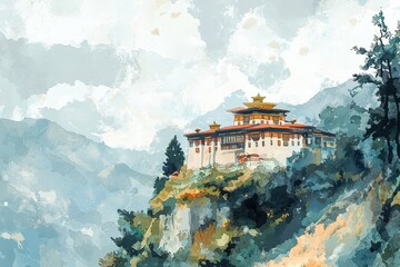 Obraz premium A painting of a mountain with a house on top