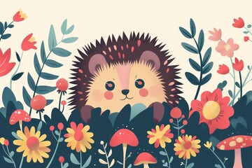 Cute hedgehog among vibrant flowers and foliage