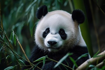 Obraz premium A panda bear is sitting in a tree with its head down
