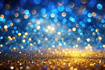 blue and gold glow abstract bokeh background with wide angle view