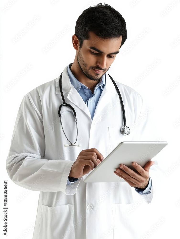 Poster a doctor in a white coat is checking patient data on a tablet, showing focus and professionalism in 