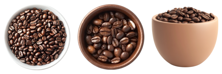 Coffee beans in cup isolated on transparent background, Set of