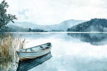 A small boat sits in a lake, surrounded by tall trees