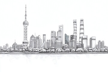 Fototapeta premium Coloring page of shanghai pudong skyline with oriental pearl tower, modern meets traditional architecture.