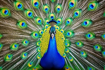 Obraz premium A vibrant peacock displays its stunning feathers. The colorful plumage creates a beautiful and eye-catching visual. Perfect for nature lovers and art enthusiasts. Generative AI