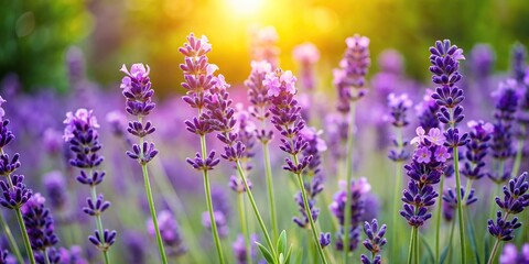 Obraz premium Close-up of purple lavender flowers blooming in a garden on a sunny day surrounded by green leaves and stems, field, flowers, purple