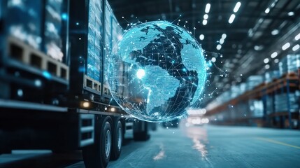 Abstract digital logistics, delivery and transportation hologram with globe and network on blurry warehouse background. Double exposure