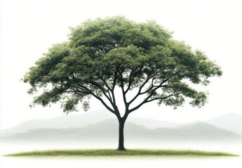 Obraz premium A large green tree stands alone in a serene outdoor setting during daytime with clear sky