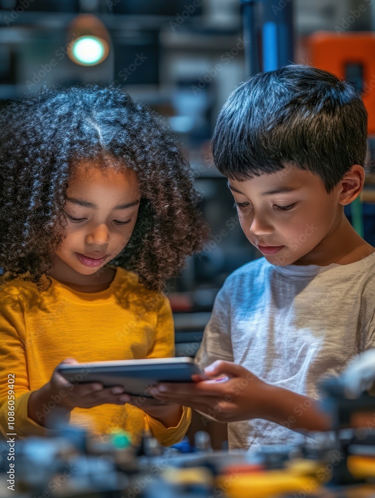 Poster afro american girl and asian boy schoolkids using tablet device developing program for software robo